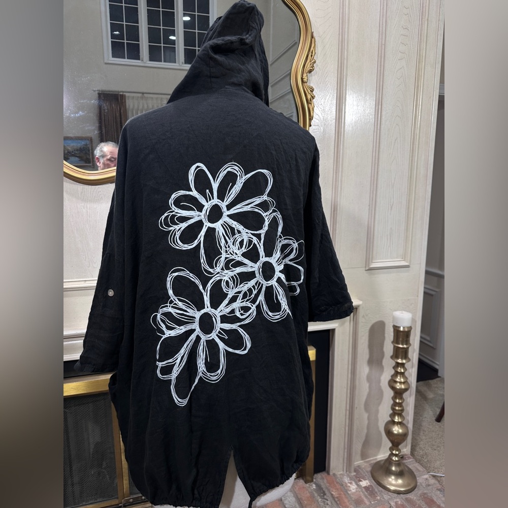 Gigi Moda Italy Linen Hooded Jacket Black Drawstring Hem Floral Back OS - Picture 11 of 15
